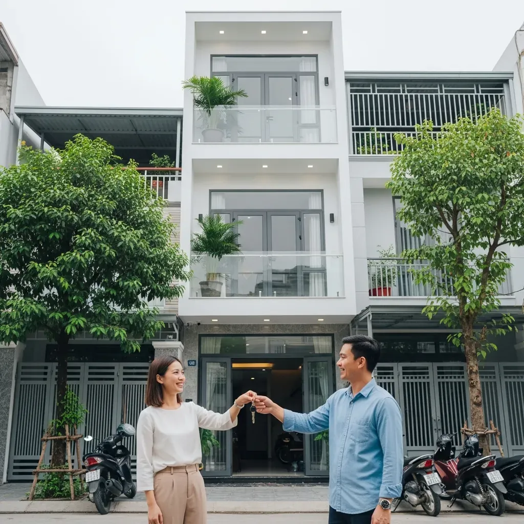 Một cặp vợ chồng người Việt đang nhận chìa khóa từ nhà thầu trước ngôi nhà ống hiện đại mới xây tại Hà Nội.
