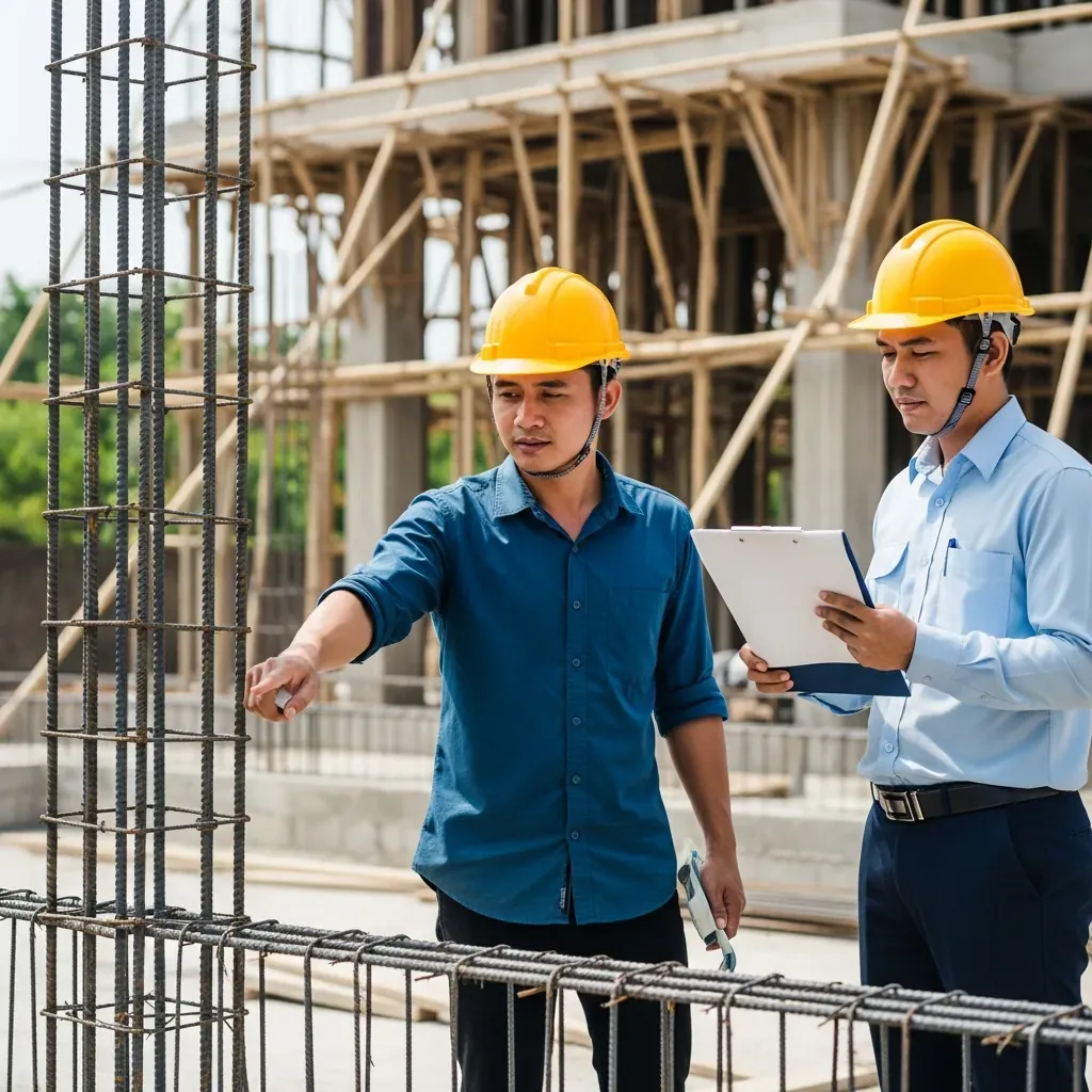 Người đàn ông Việt đội mũ bảo hộ kiểm tra thép tại công trường, cùng kỹ sư giám sát.