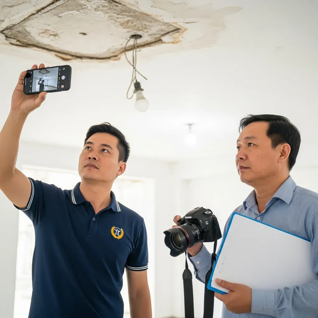 Người đàn ông Việt dùng điện thoại chụp ảnh vết thấm trên trần, cùng thừa phát lại lập vi bằng.