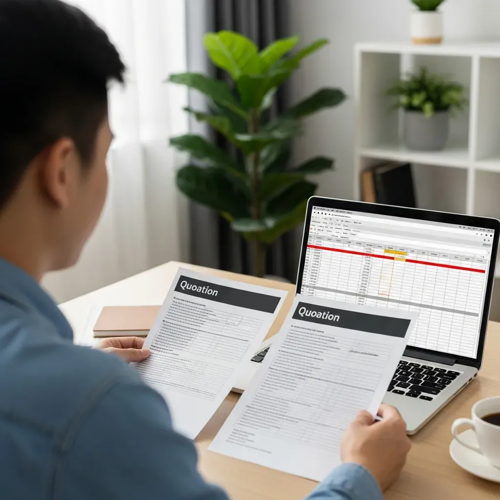 Người đàn ông Việt ngồi so sánh ba bản báo giá trên bàn với máy tính xách tay.
