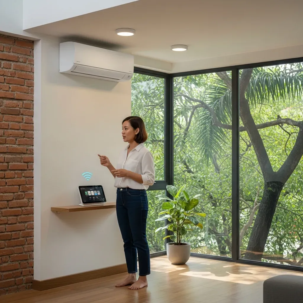 Người phụ nữ Việt đang ra lệnh giọng nói cho thiết bị nhà thông minh trong phòng khách hiện đại.