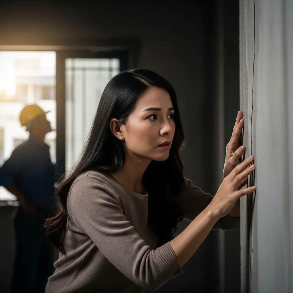 Người phụ nữ Việt phát hiện vết nứt trên tường nhà đang xây, vẻ mặt lo lắng.