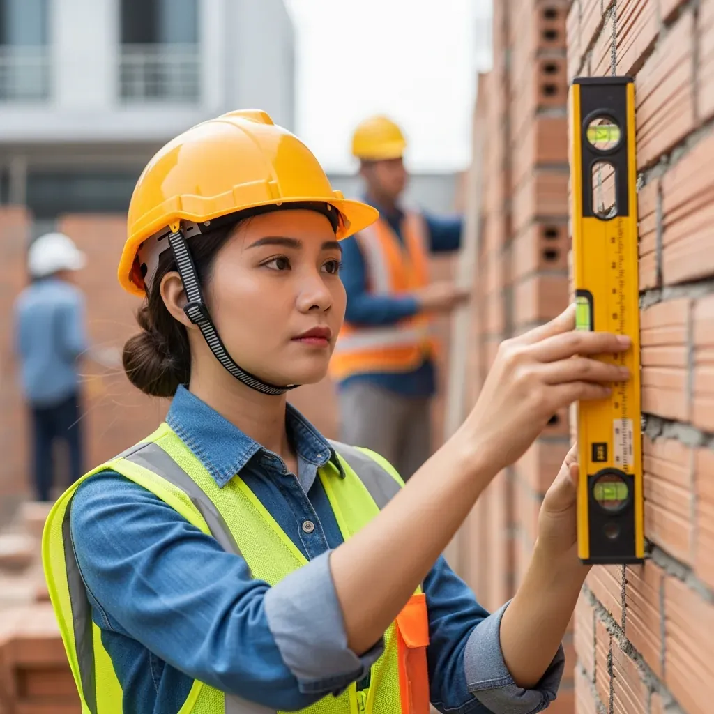 Nữ kỹ sư Việt Nam kiểm tra chất lượng xây tường gạch bằng thước, tại công trường Hà Nội.