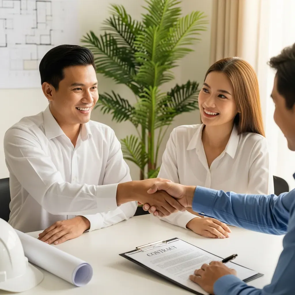 Vợ chồng người Việt bắt tay nhà thầu sau khi ký hợp đồng, với bản vẽ kiến trúc trên bàn.