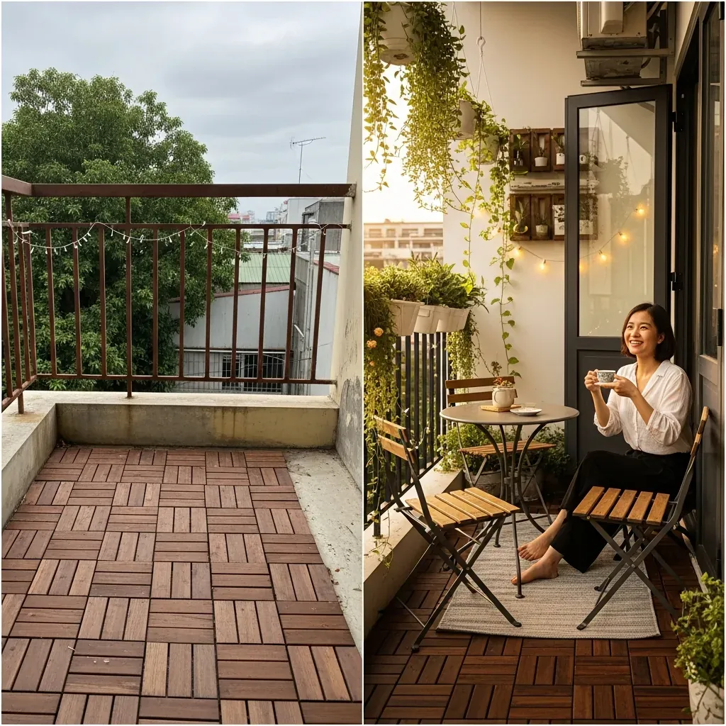 Ban công 3m² trước và sau cải tạo thành ốc đảo xanh.