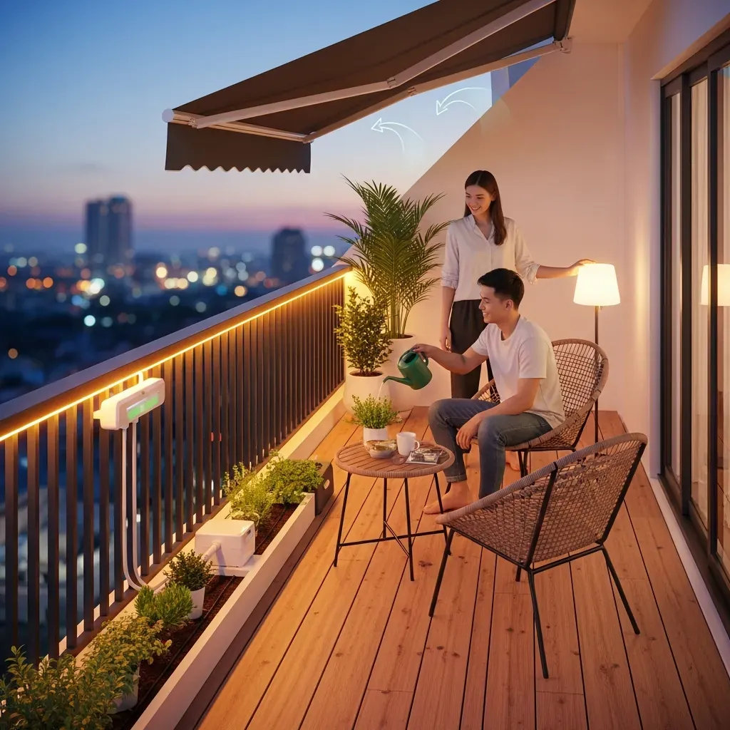 Ban công thông minh với bàn ghế dây dù, sàn composite và hệ thống tưới cây tự động.