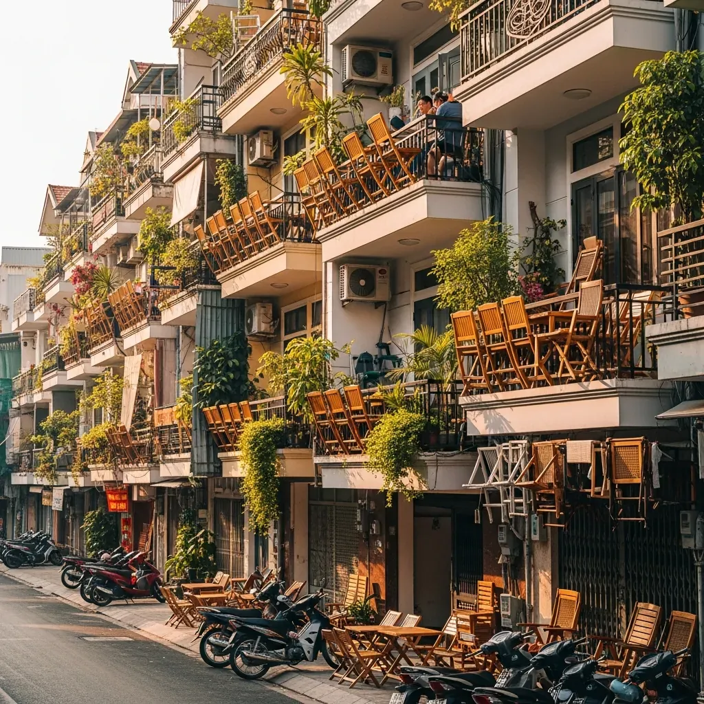 Khung cảnh đường phố Việt Nam với nhiều ban công được trang trí bàn ghế nhỏ và cây xanh.