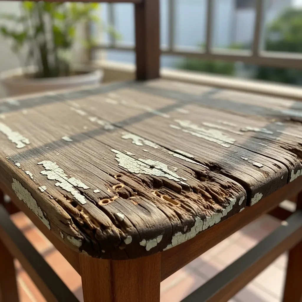 Mặt ghế gỗ bị nứt sâu, cong vênh và có dấu hiệu mối mọt.