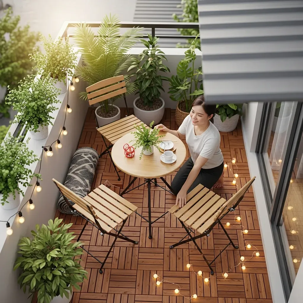 Một phụ nữ Việt Nam tự tay trang trí ban công nhỏ với sàn gỗ nhựa, bàn ghế và cây xanh.
