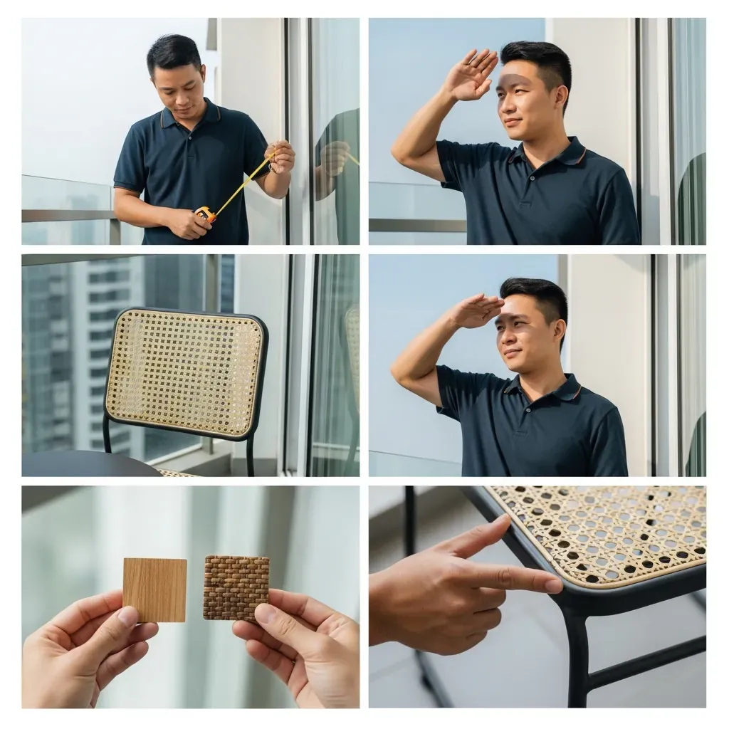 Quy trình chọn mua bàn ghế ban công trực quan: đo đạc, kiểm tra nắng, so sánh chất liệu và kiểm tra mối hàn.
