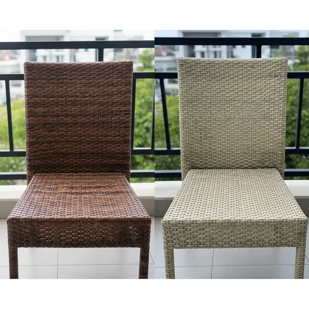 So sánh ghế nhựa giả mây còn mới và ghế bị phai màu do nắng.