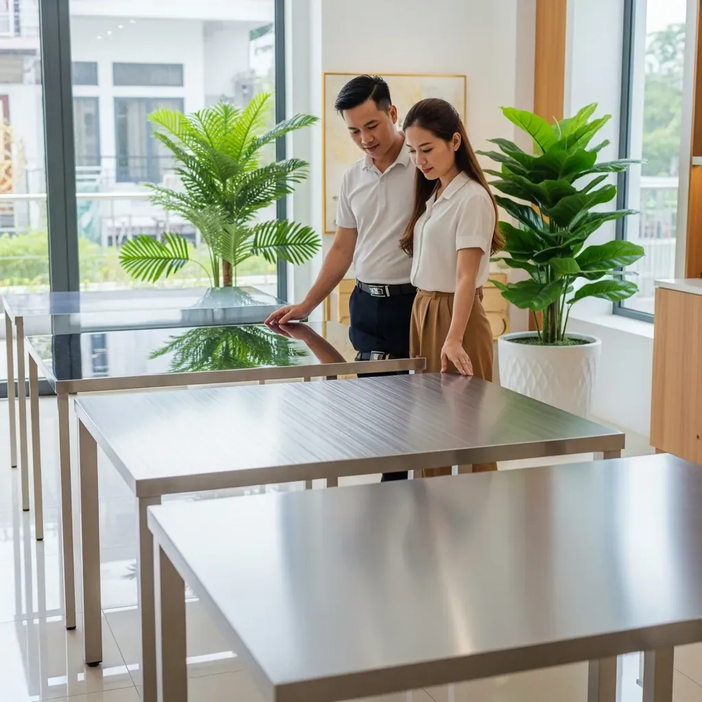 Ba bộ bàn ghế inox với các bề mặt hoàn thiện khác nhau trong một showroom tại Việt Nam.