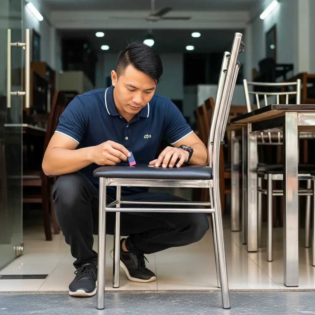 Một người đàn ông Việt Nam dùng nam châm và đồng xu kiểm tra chất lượng bàn ghế inox tại cửa hàng.
