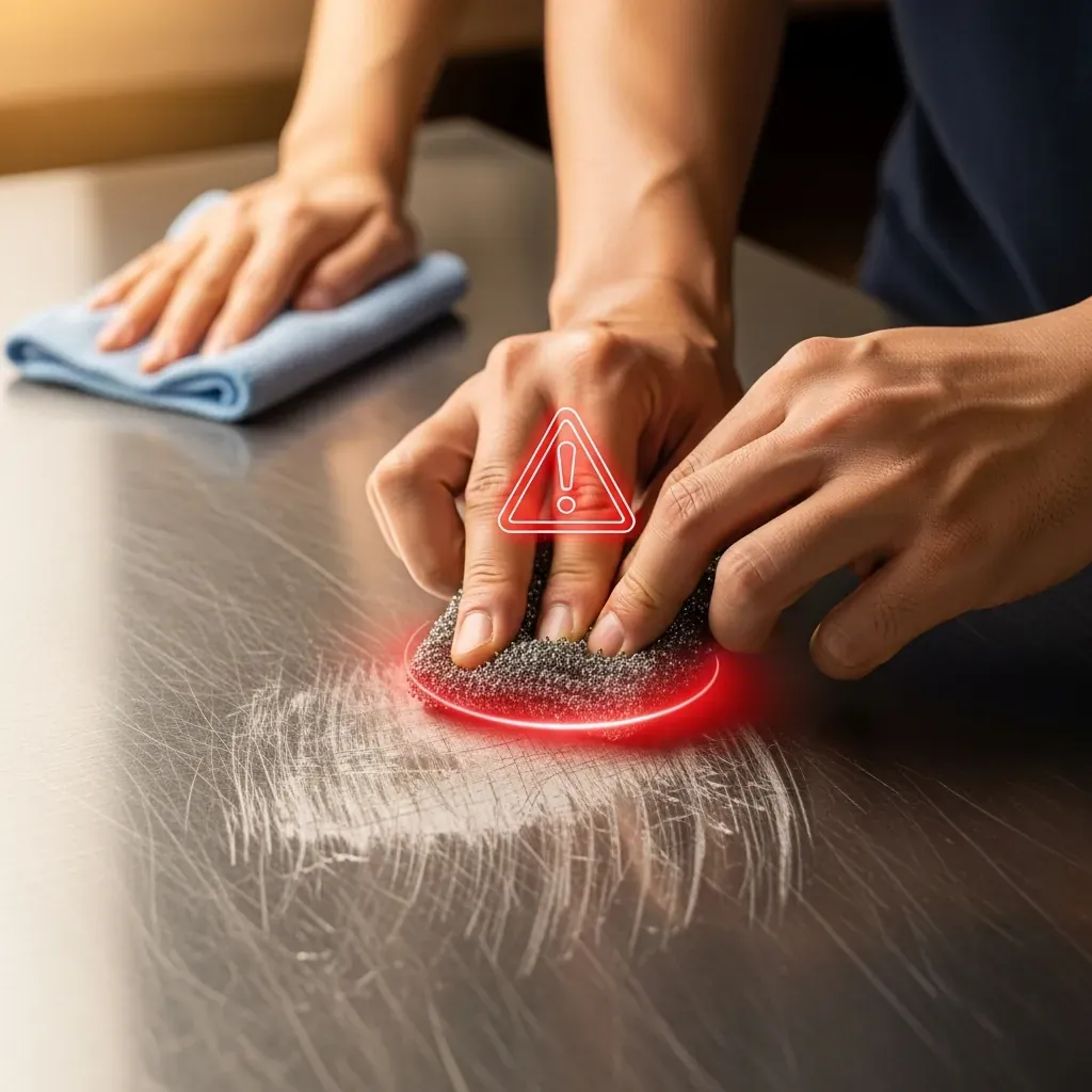 Một sai lầm thường gặp: dùng bùi nhùi sắt chà mạnh lên mặt bàn inox gây trầy xước.