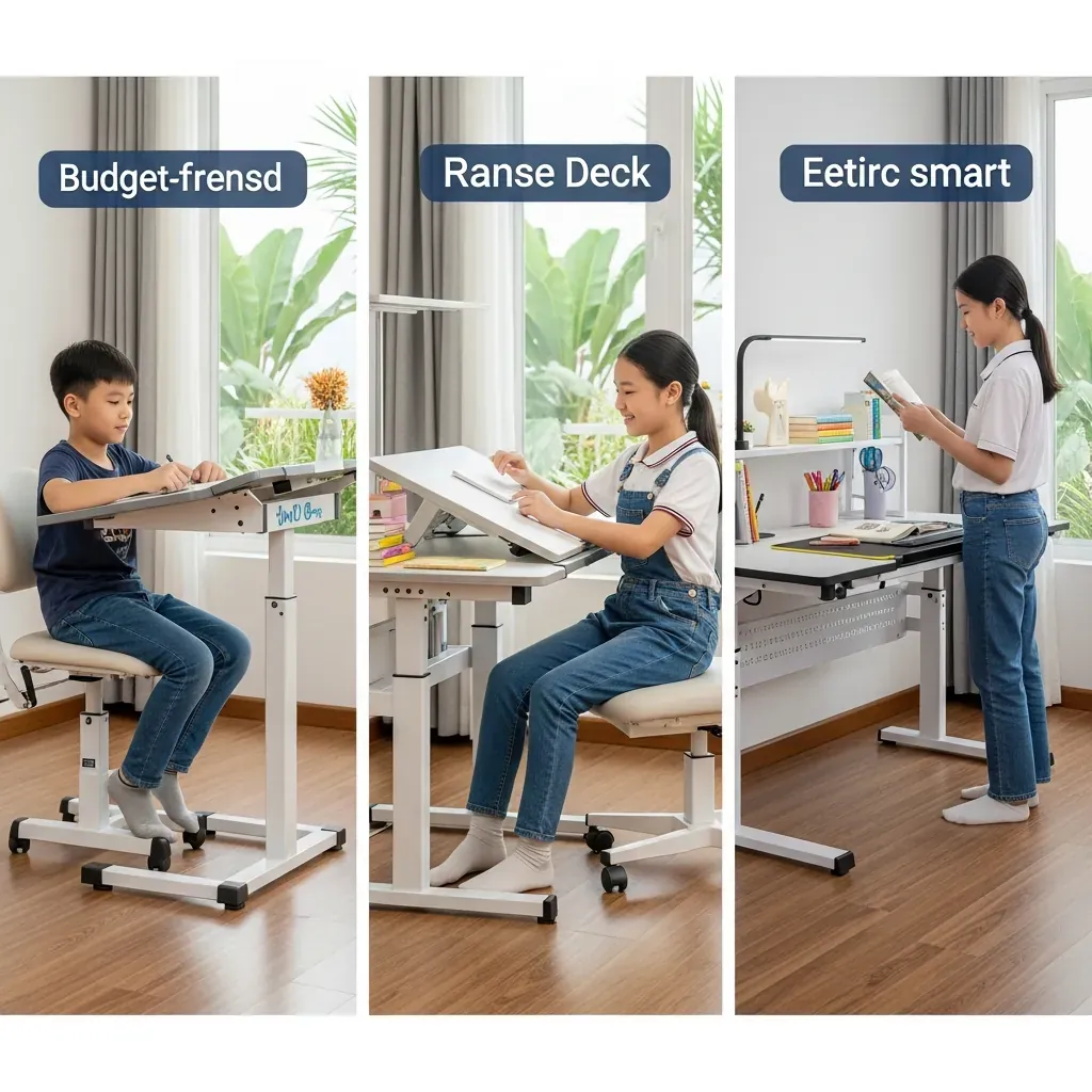 Ba loại bàn học chống gù: tay quay, piston khí nén, và bàn điện thông minh, mỗi loại có trẻ em Việt sử dụng.
