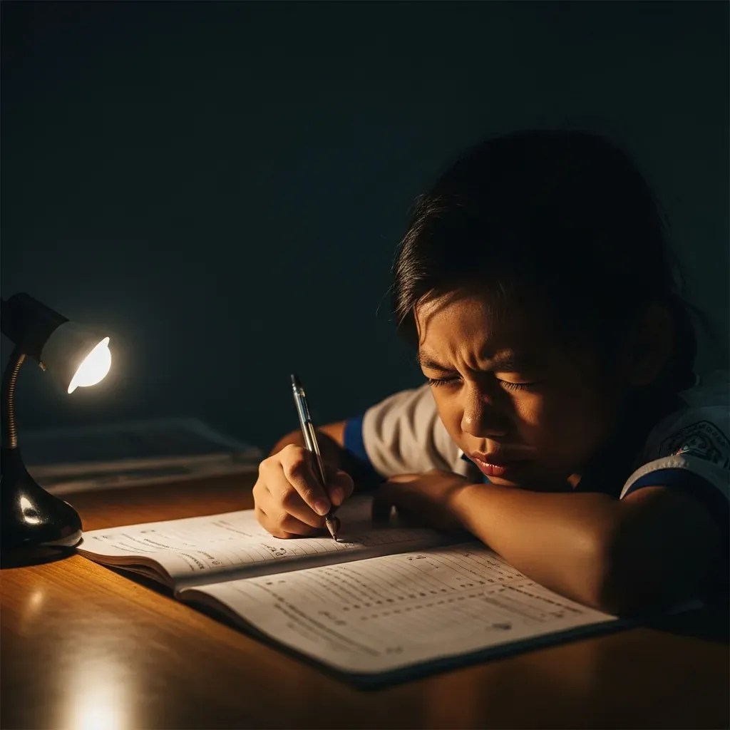 Bé gái nheo mắt, cúi sát vở vì ánh sáng kém, sai tư thế.