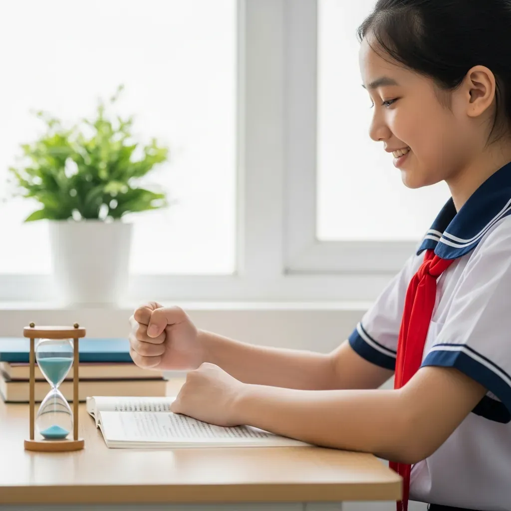 Bé gái Việt Nam tự kiểm tra khoảng cách một nắm tay giữa ngực và bàn, có đồng hồ cát báo giờ giải lao.