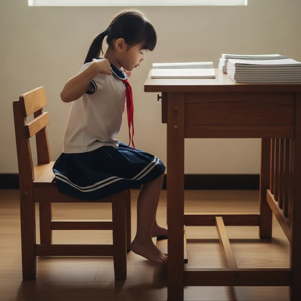 Bé gái với bàn học quá cao phải nhún vai, lưng không tựa, ngồi sai chuẩn.