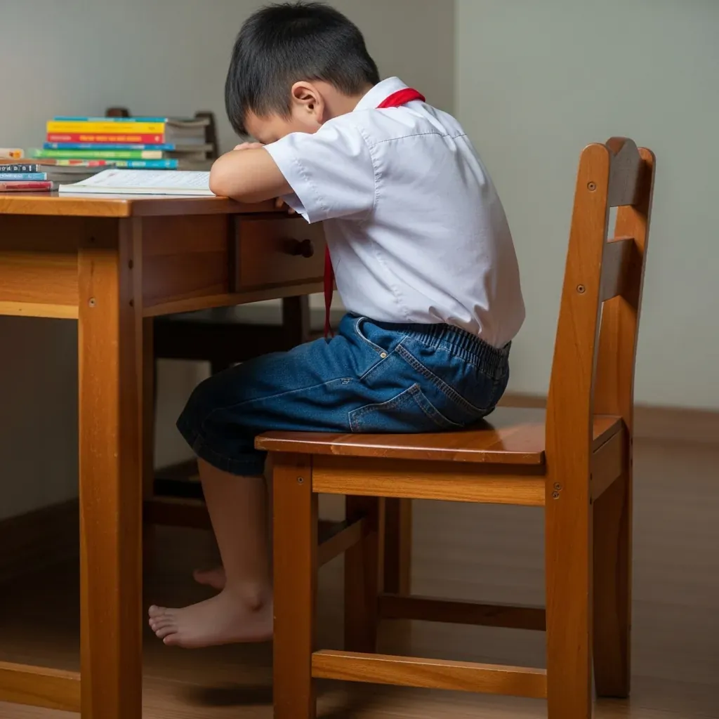Bé trai ngồi ghế quá cao, chân lủng lẳng, lưng còng, sai tư thế.
