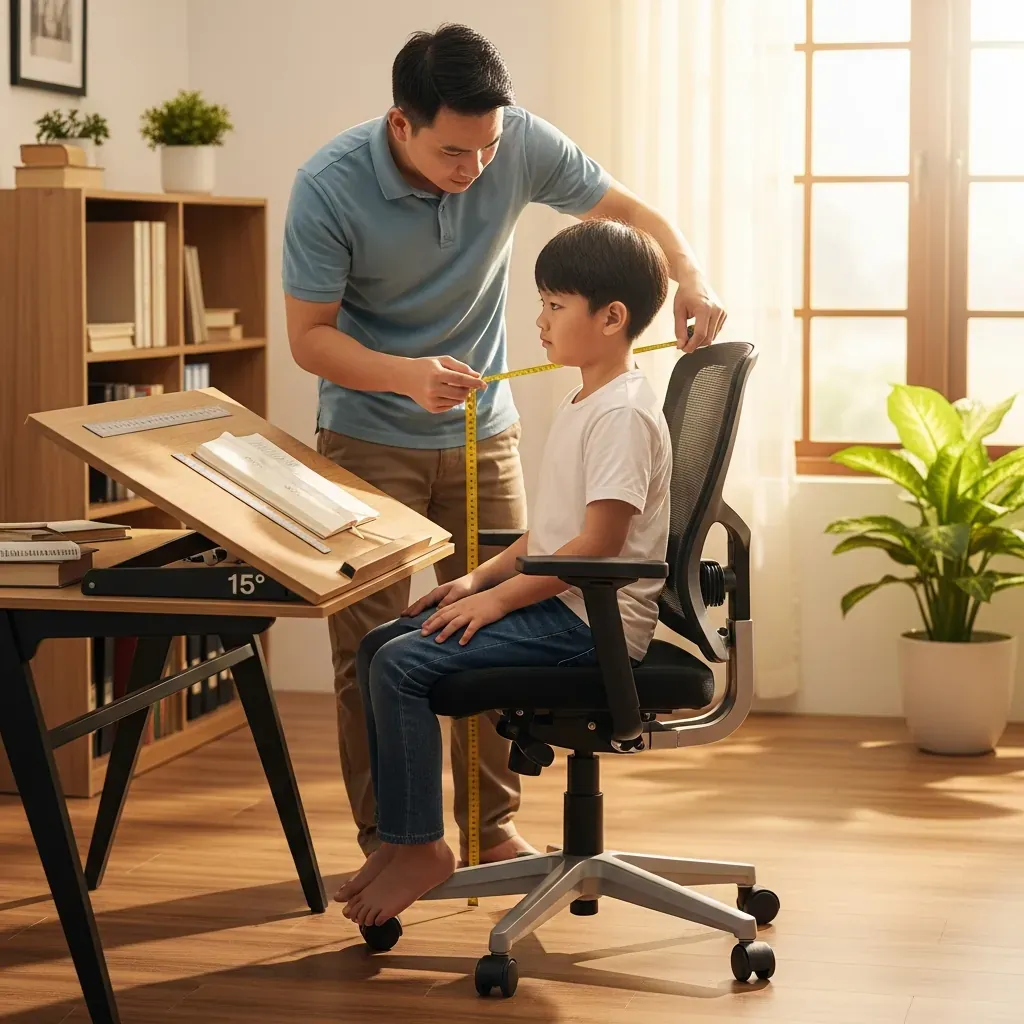 Người cha điều chỉnh ghế chống gù cho con trai, đo chính xác chiều cao ghế bằng thước.