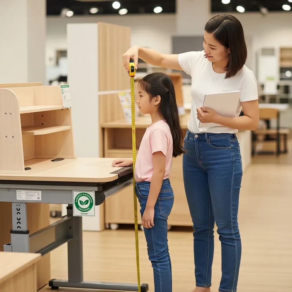 Người mẹ Việt đang đo chiều cao con trước khi chọn bàn học, kiểm tra thông số kỹ thuật.