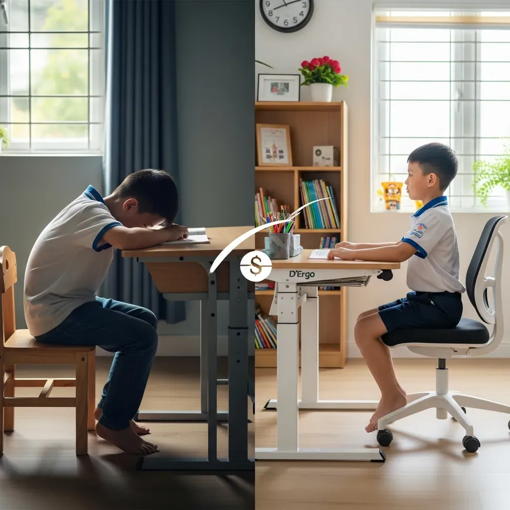 So sánh tư thế trước và sau khi dùng bàn D’Ergo: cậu bé hết nằm bò, ngồi thẳng lưng.