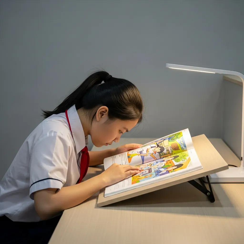 Thiếu nữ cúi gập cổ đọc sách trên mặt bàn phẳng, tư thế sai.