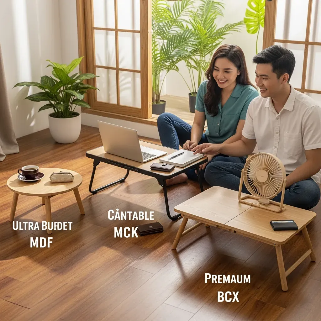Ba loại bàn ngồi bệt khác nhau trong phòng khách Việt Nam, cặp đôi đang xem xét lựa chọn.