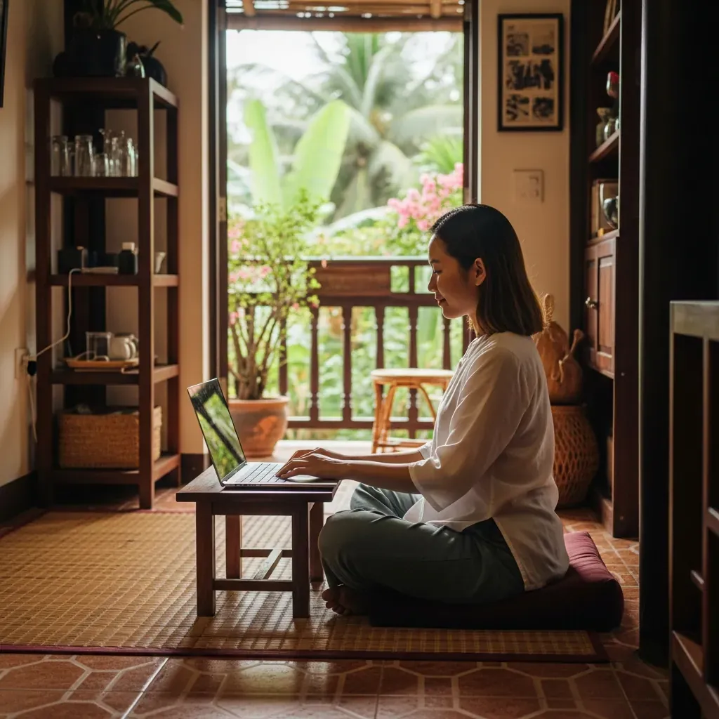 Một phụ nữ trẻ người Việt ngồi bệt trên đệm, làm việc trên laptop trên chiếc bàn thấp trong căn phòng kiểu nhà ống, ánh sáng tự nhiên.