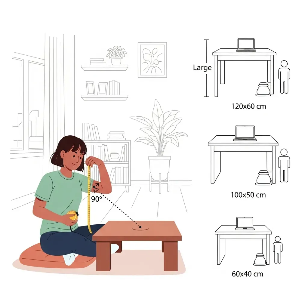 Người phụ nữ Việt đang đo khoảng cách khuỷu tay khi ngồi bệt, minh họa cách chọn kích thước bàn.