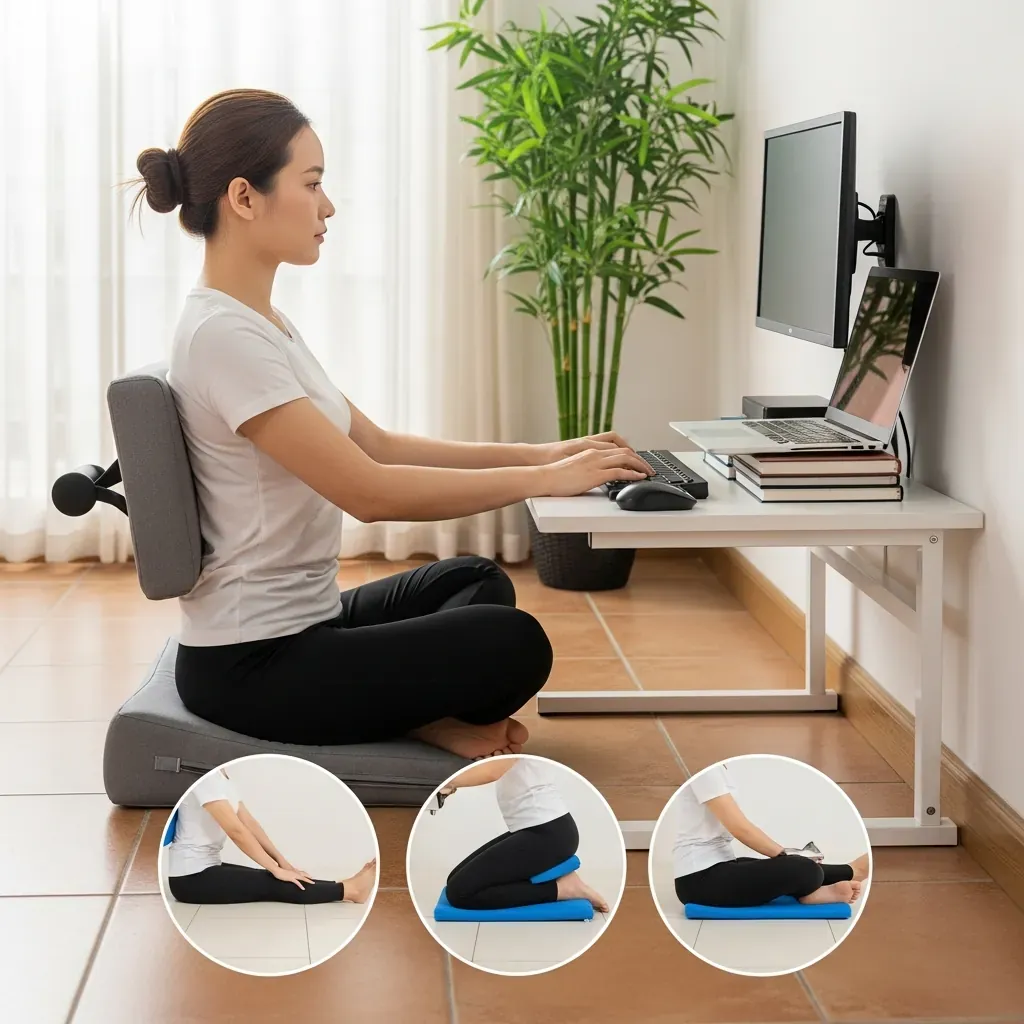 Người phụ nữ Việt ngồi bệt đúng tư thế với bàn thấp, lưng tựa tường, màn hình ngang mắt.