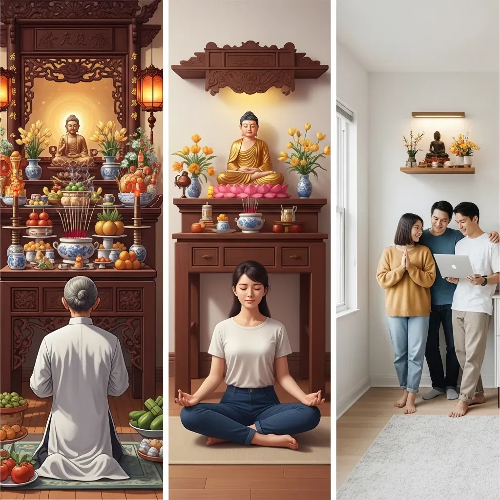 Ba phong cách thờ cúng: dân gian truyền thống, Phật giáo thanh tịnh, đô thị hiện đại.