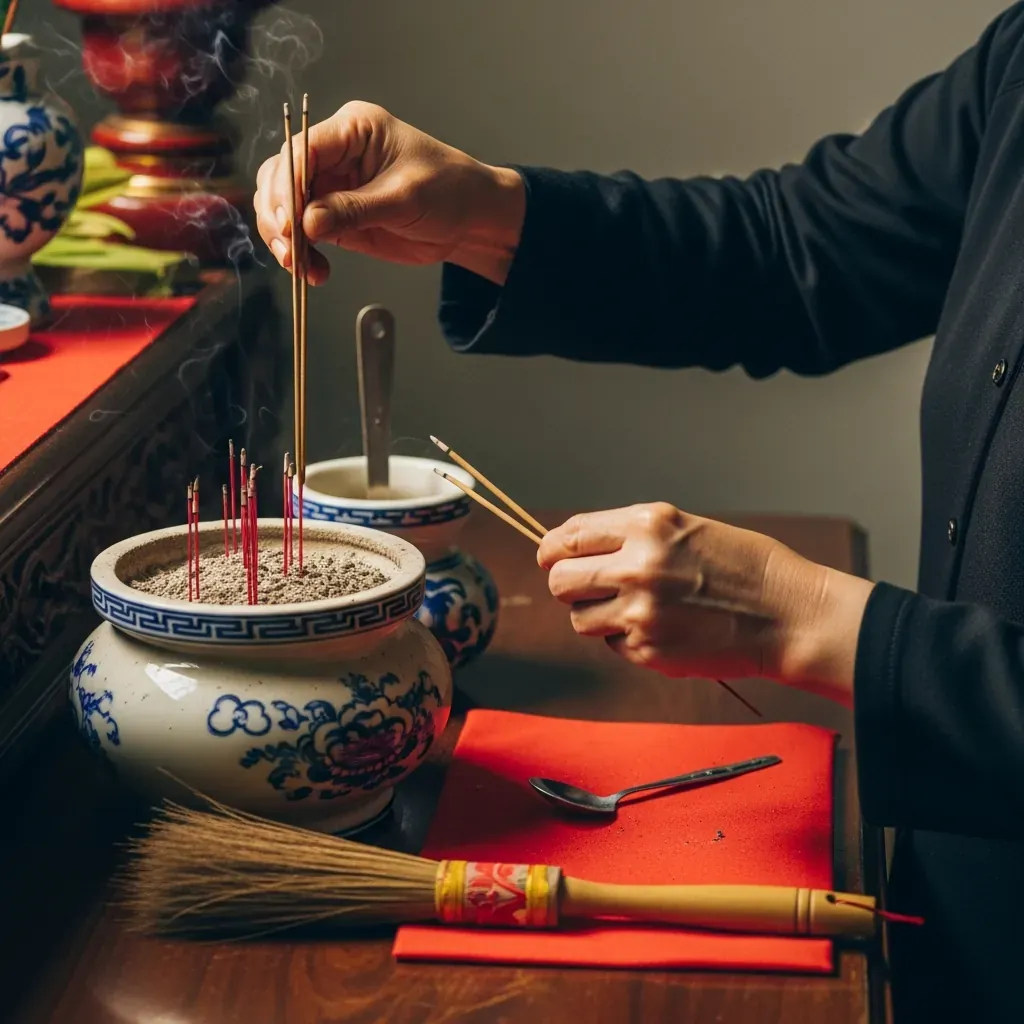 Bàn tay nhẹ nhàng rút chân hương khỏi bát, dụng cụ vệ sinh đặt trên khăn đỏ.