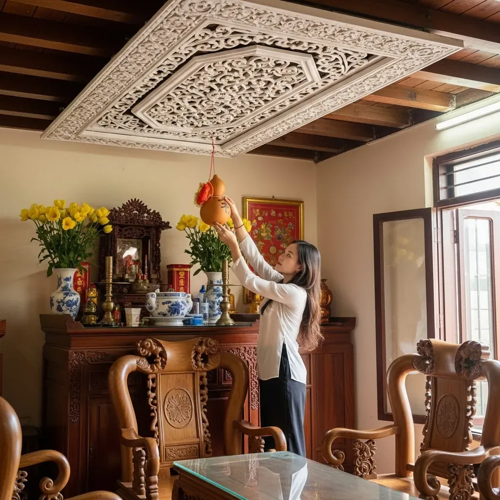 Bàn thờ dưới xà ngang đã được hóa giải bằng trần giả và hồ lô phong thủy.