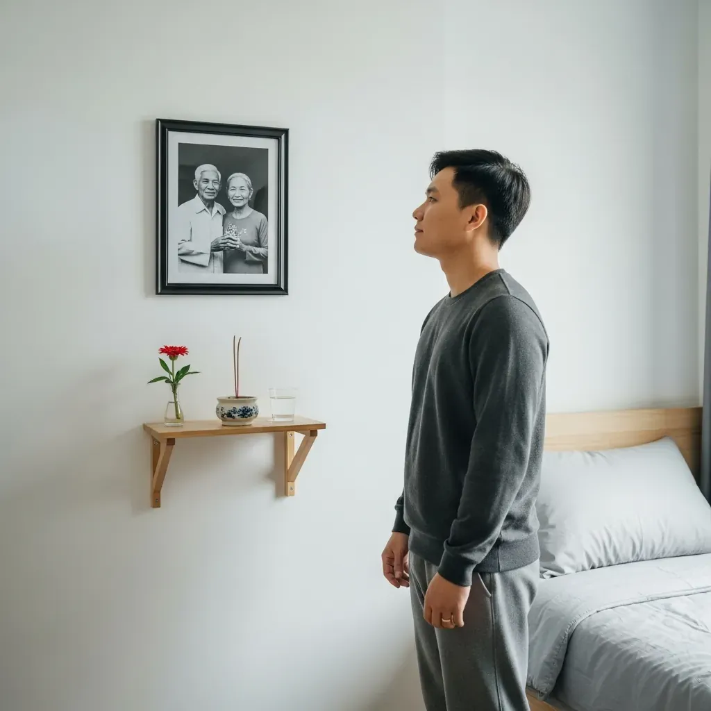 Căn hộ siêu nhỏ với ảnh gia tiên và bát hương treo tường trang trọng.