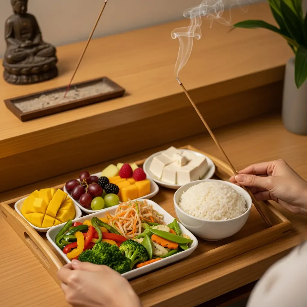 Mâm cơm chay thanh tịnh dâng lên tổ tiên với rau củ tươi ngon.