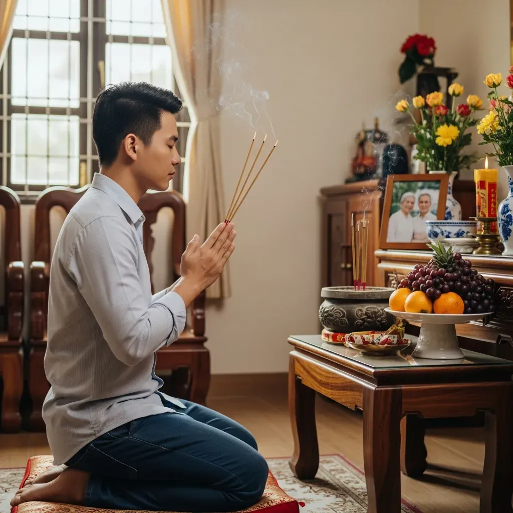 Người đàn ông thành tâm khấn xin phép trước khi lau dọn bàn thờ.
