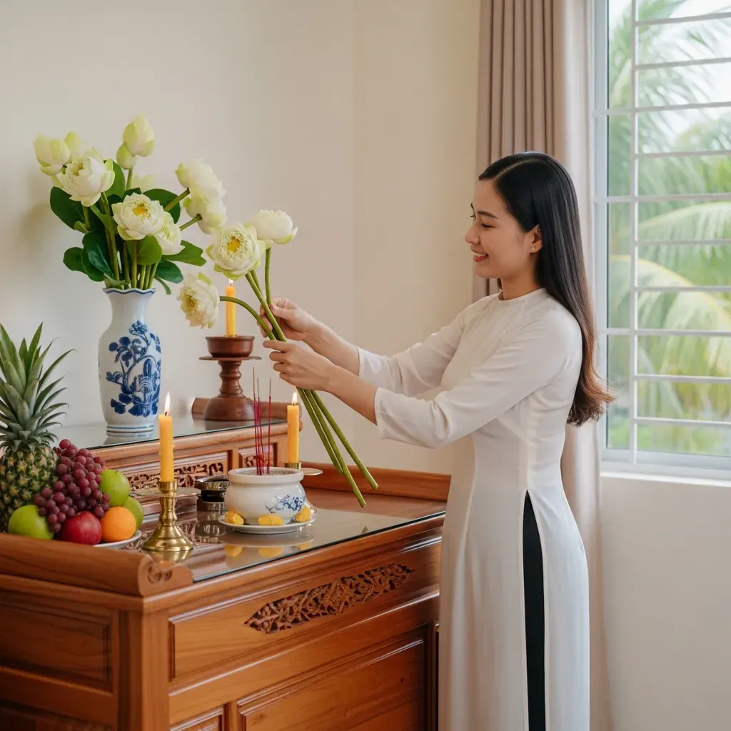 Người phụ nữ mỉm cười cắm hoa sen tươi lên bàn thờ đã được lau dọn sạch sẽ.
