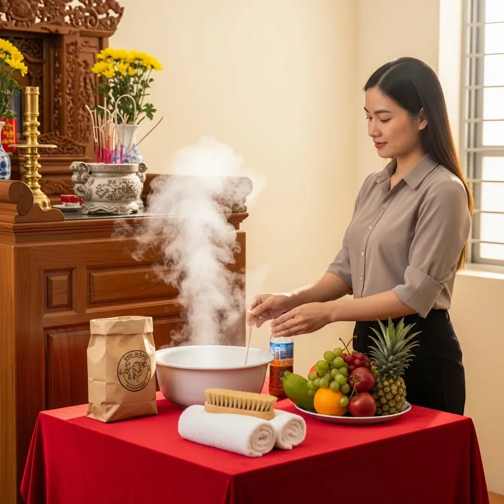 Người phụ nữ Việt chuẩn bị dụng cụ bao sái bàn thờ với khăn, chậu nước ấm, và trái cây.