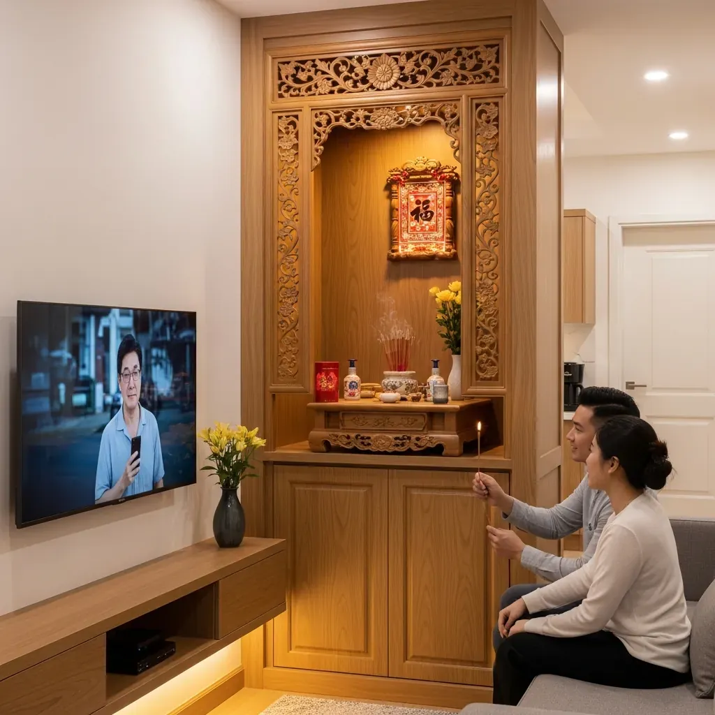Phòng khách chung cư với bàn thờ treo tường trên kệ tivi có vách ngăn gỗ.