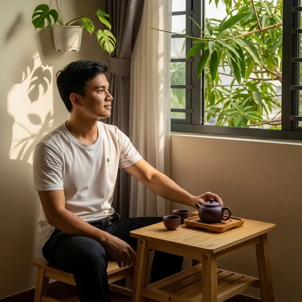 Anh Minh thưởng trà bên cửa sổ căn hộ chung cư nhỏ