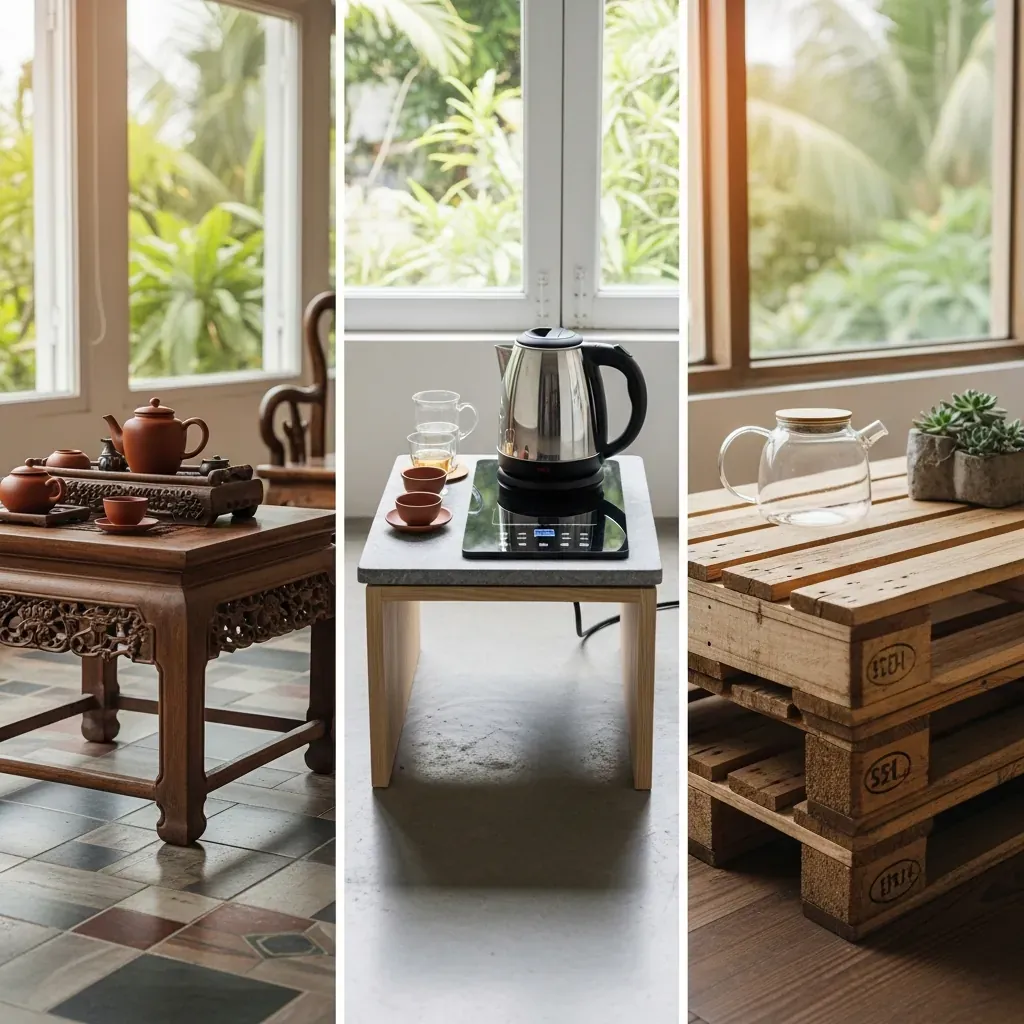 Ba loại bàn trà đạo: gỗ truyền thống, điện thông minh và tự chế pallet