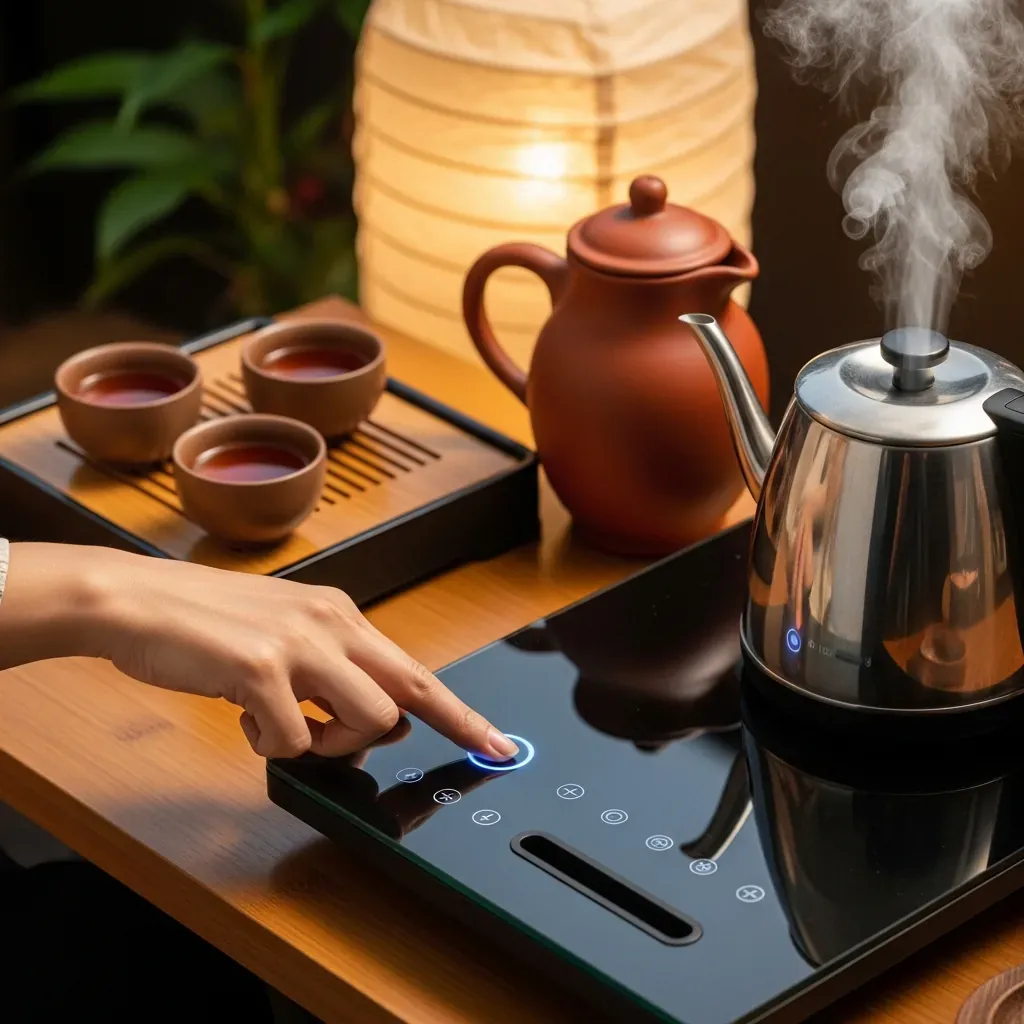 Bàn trà điện thông minh với bàn tay người Việt đang thao tác