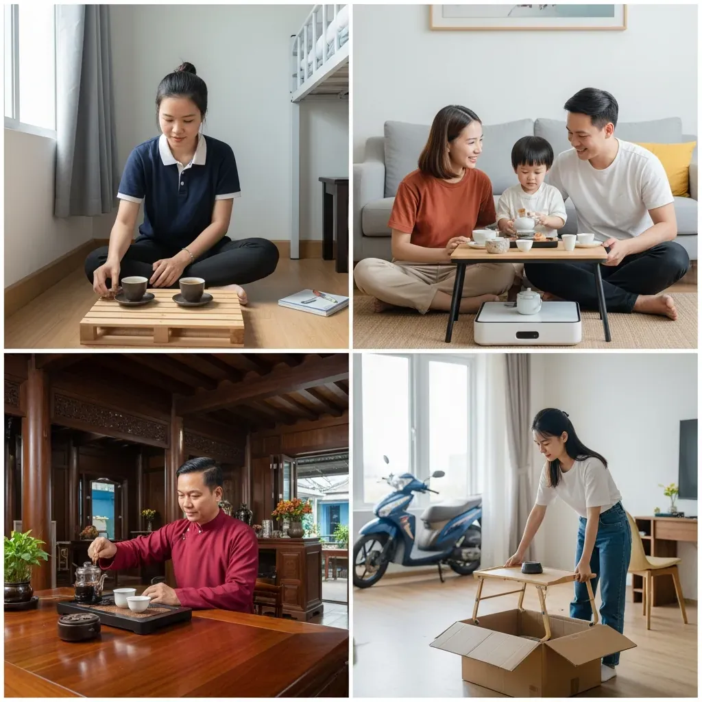 Bốn chân dung người dùng bàn trà đạo: sinh viên, gia đình, người yêu truyền thống, người thuê nhà
