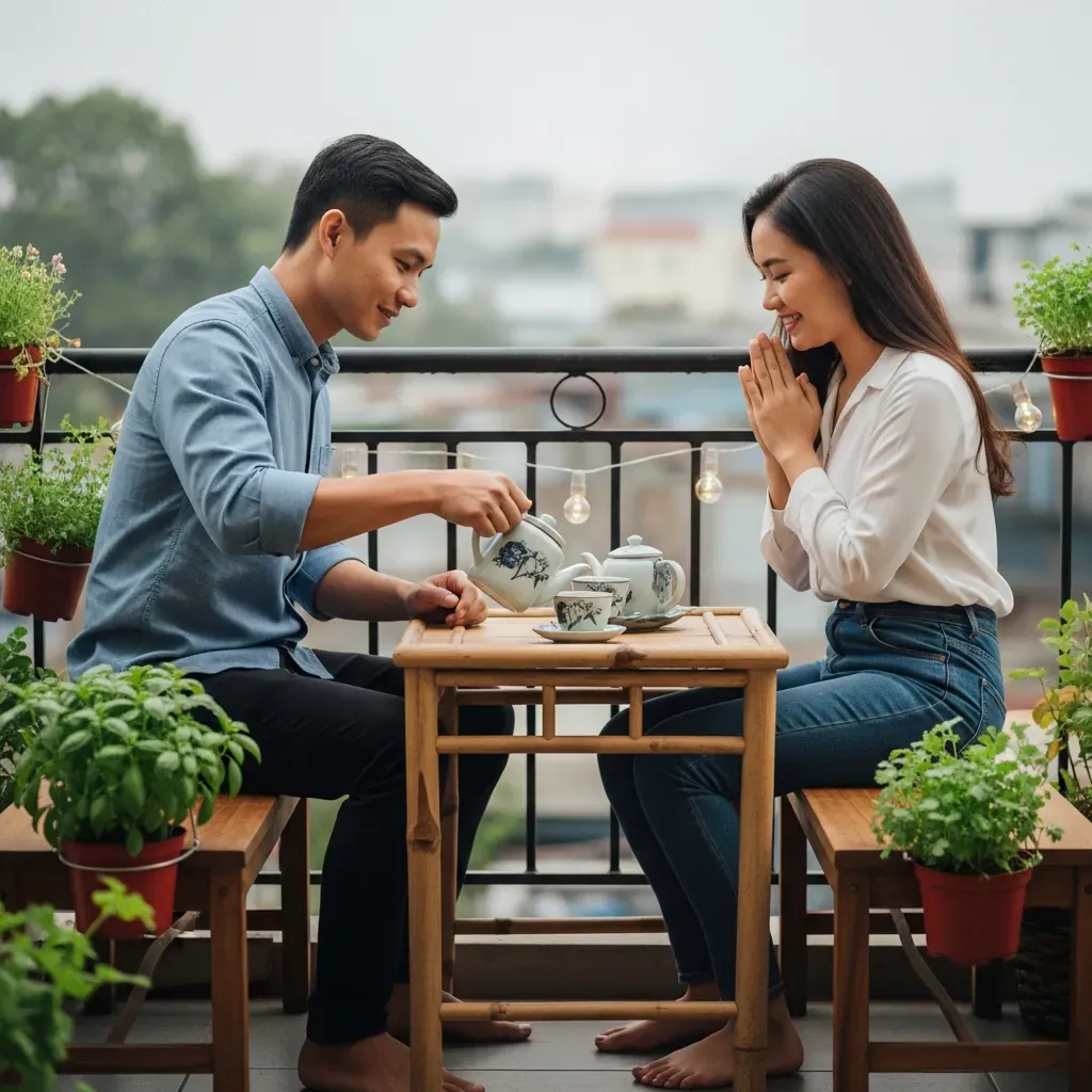 Đôi vợ chồng trẻ Việt Nam cùng thưởng trà trên ban công nhỏ