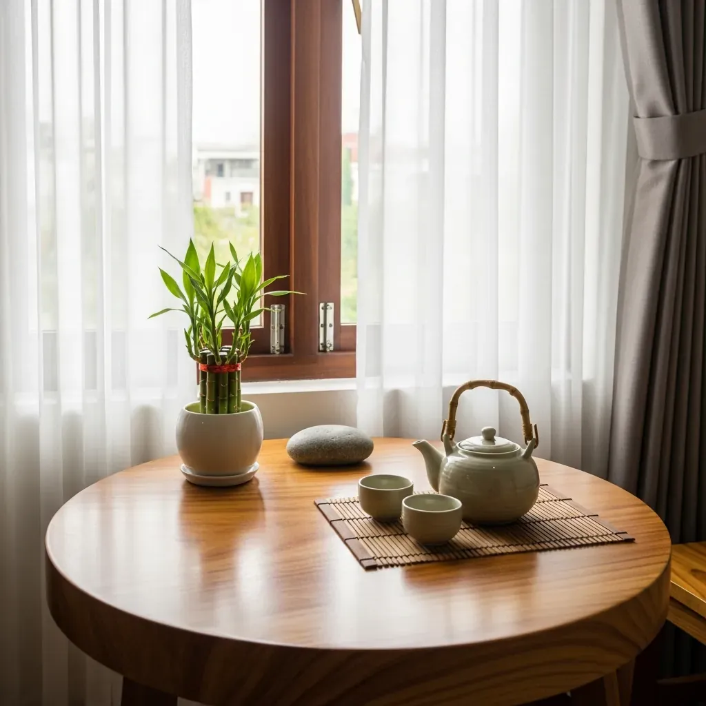 Góc trà hợp phong thủy với bàn gỗ bo tròn và cây xanh
