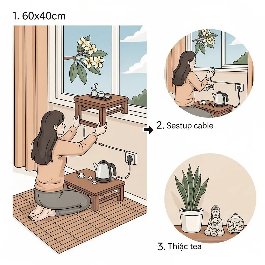 Minh họa các bước thiết lập góc trà nhỏ trong căn hộ