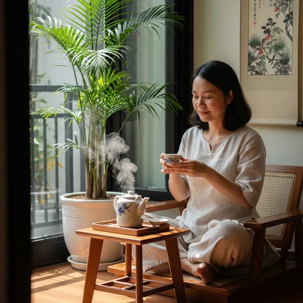 Người phụ nữ Việt ngồi ghế thấp thưởng trà thoải mái