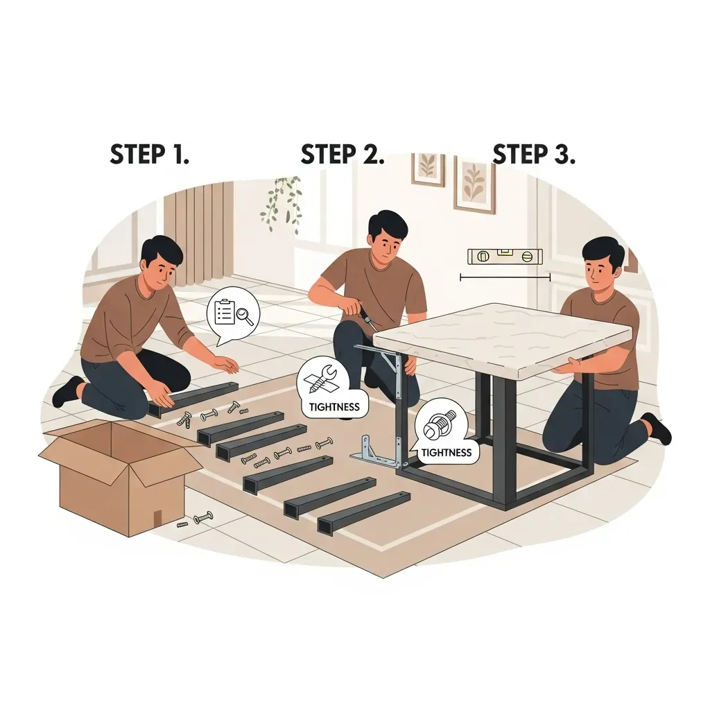 Ba bước lắp ráp bàn trà mặt đá: kiểm tra linh kiện, bắt chân, đặt mặt đá.