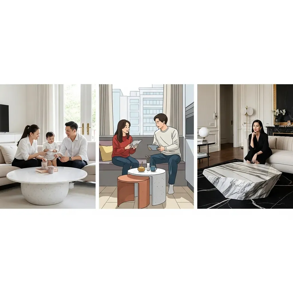 Ba cảnh minh họa lựa chọn bàn trà mặt đá phù hợp với gia đình có trẻ nhỏ, căn hộ nhỏ và người yêu thẩm mỹ cao.